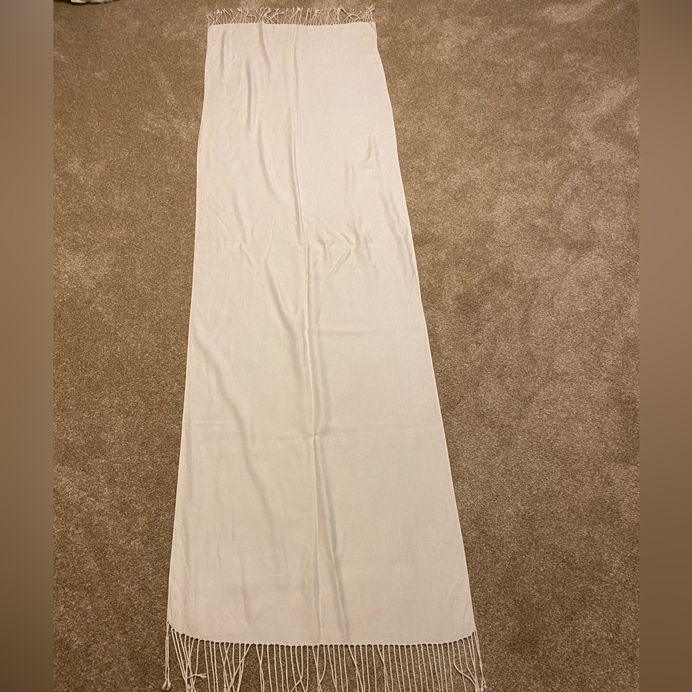 Winter white silk scarf with fringe